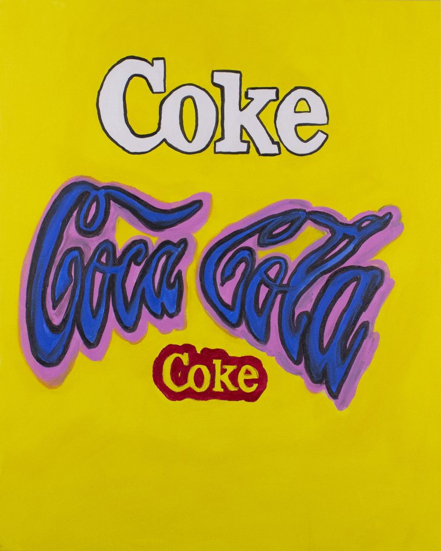 a yellow background with coca cola logos