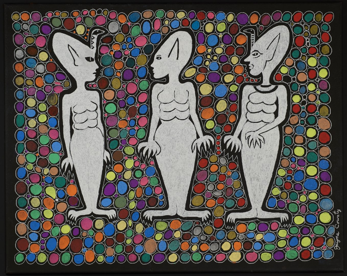 Painting by Jayne County depicting 3 figures each with 3 pairs of breasts